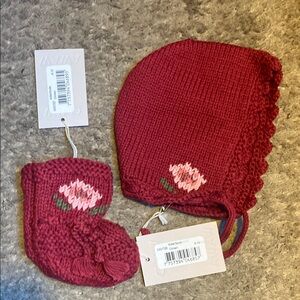 Red Knit Baby Bonnet and Booties Set